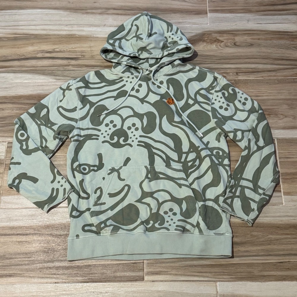 Kenzo Paris Abstract Print Hoodie Green Embroidered Tiger Crest FB55SW5384MY M